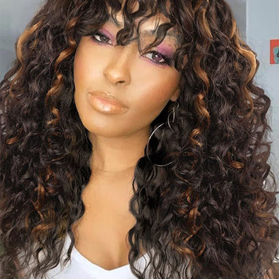 Bouncy Natural Wave Wig with Bangs Glueless 3x1 Lace Pull & Go Drawstring Wig - KissLove Hair