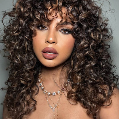 Bouncy Natural Wave Wig with Bangs Glueless 3x1 Lace Pull & Go Drawstring Wig - KissLove Hair