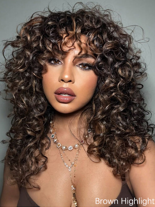 Bouncy Natural Wave Wig with Bangs Glueless 3x1 Lace Pull & Go Drawstring Wig
