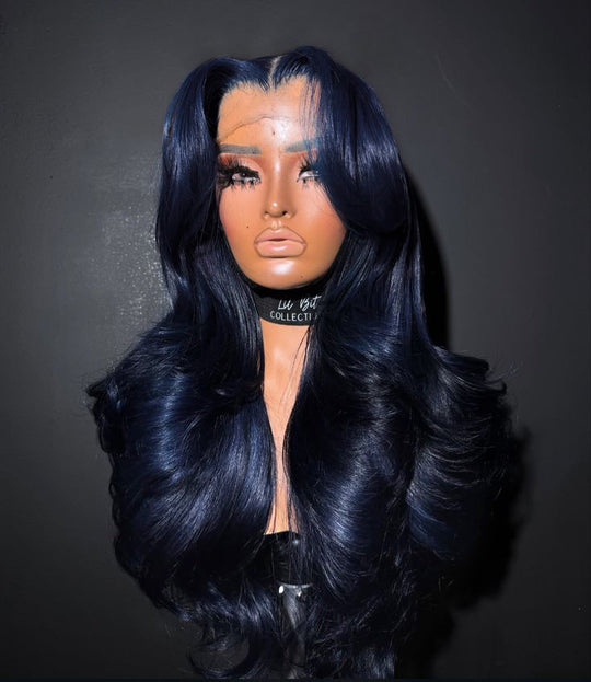 Flawless Midnight Blue 3D Body Wave Lace Frontal Wig Pre Plucked Pull & Go Drawstring Glueless Wig - KissLove Hair