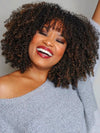 Glueless 250% Density Brown Highlights Kinky Curly 3x1 Middle Part Bob Wig with Bangs Pull & Go Wig