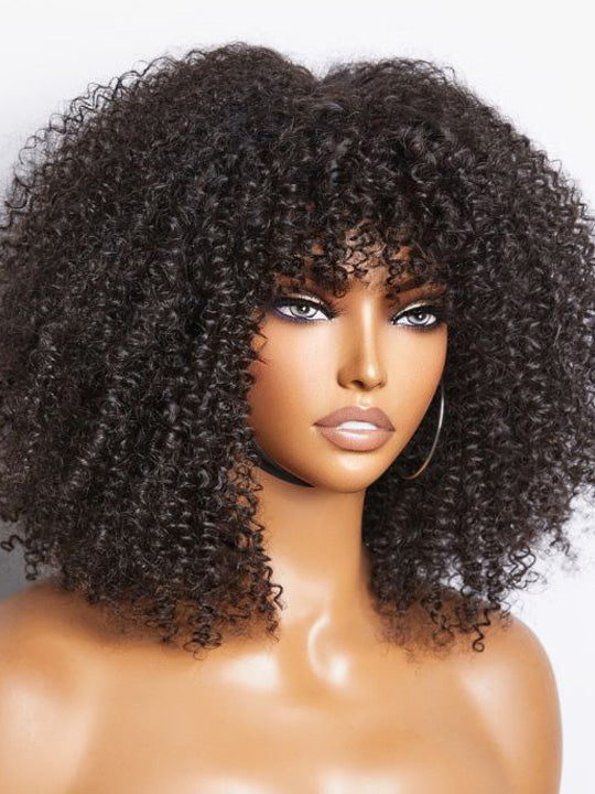 Glueless 250% Density Brown Highlights Kinky Curly 3x1 Middle Part Bob Wig with Bangs Pull & Go Wig