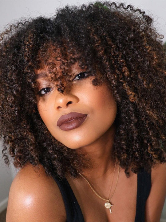 Glueless 250% Density Brown Highlights Kinky Curly 3x1 Middle Part Bob Wig with Bangs Pull & Go Wig