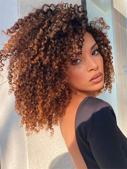 [3 In 1 Half Wig] Chestnut Brown Highlights on Chocolate Brown Hair Kinky Curly Flip Over Glueless Half Wig