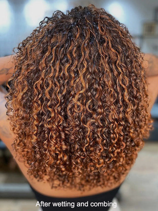 [3 In 1 Half Wig] Chestnut Brown Highlights on Chocolate Brown Hair Kinky Curly Flip Over Glueless Half Wig