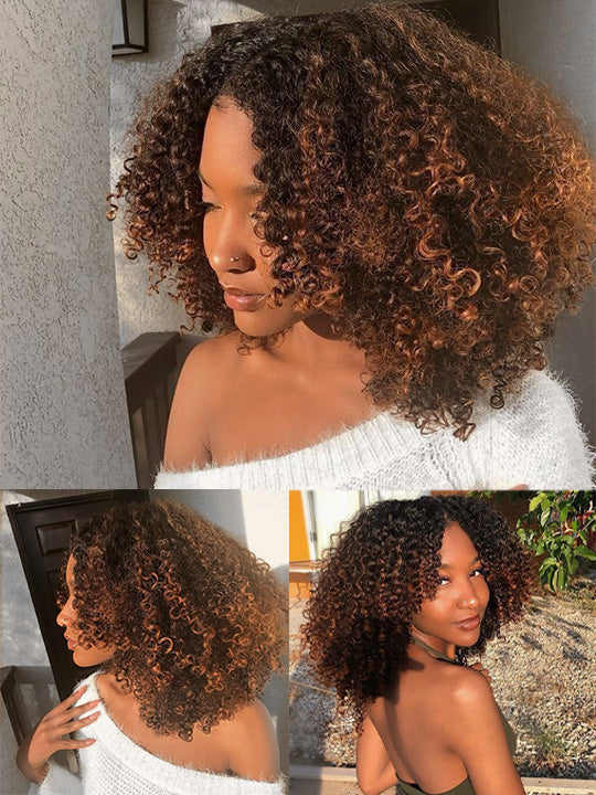 [3 In 1 Half Wig] Chestnut Brown Highlights on Chocolate Brown Hair Kinky Curly Flip Over Glueless Half Wig