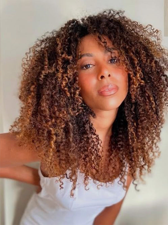 [3 In 1 Half Wig] Chestnut Brown Highlights on Chocolate Brown Hair Kinky Curly Flip Over Glueless Half Wig