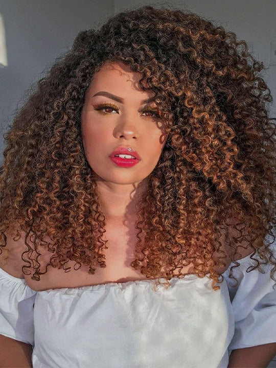 [3 In 1 Half Wig] Chestnut Brown Highlights on Chocolate Brown Hair Kinky Curly Flip Over Glueless Half Wig
