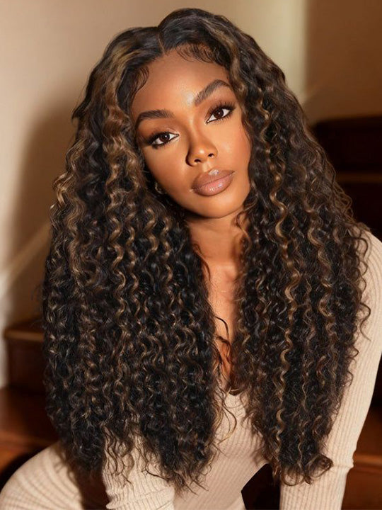 Kisslove Black Hair With Brown Highlights Water Wave Wig Pre Everything Invisi Drawstring 360 Lace Frontal Wig