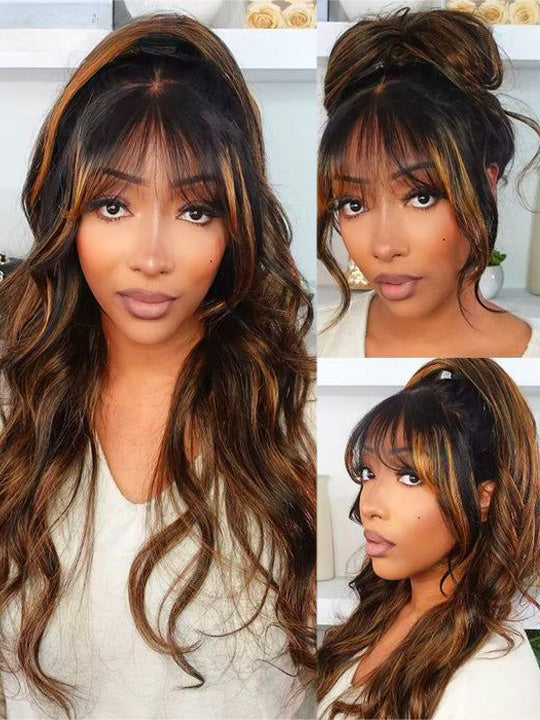Kisslove Pre Everything Brown Bayalage Highlights 3D Body Wave Wig with Bangs Pull Go Drawstring Wig