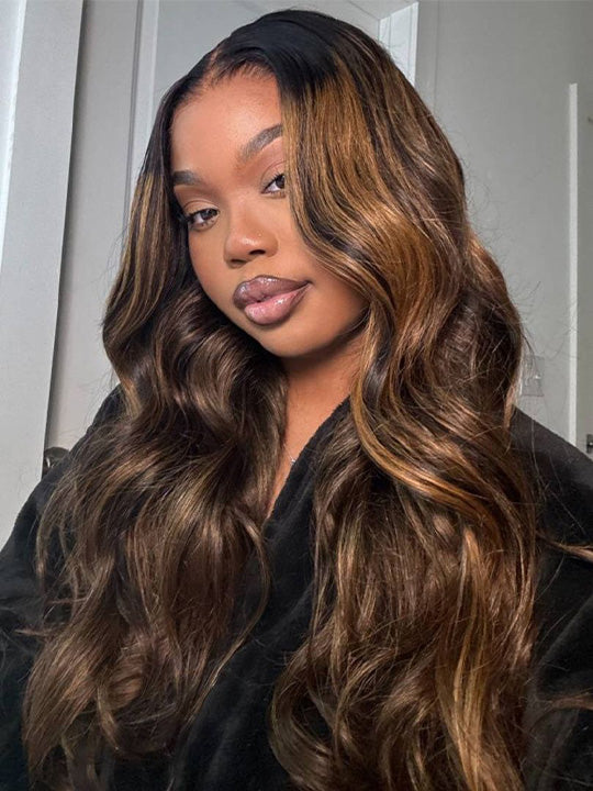 Kisslove Glueless Brown Bayalage Highlights Wig Invisi-Drawstring Snug Fit 360 Lace Wig