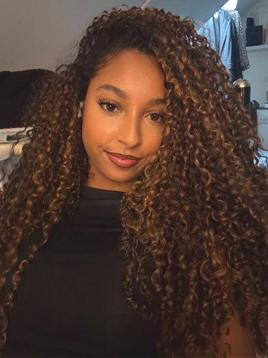 [3 In 1 Half Wig] Mix Brown Highlight Water Wave Glueless Invisi Drawstring Cheap Human Hair Wig