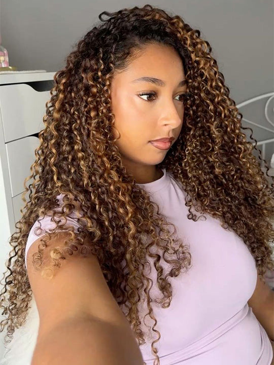 [3 In 1 Half Wig] Mix Brown Highlight Water Wave Glueless Invisi Drawstring Cheap Human Hair Wig