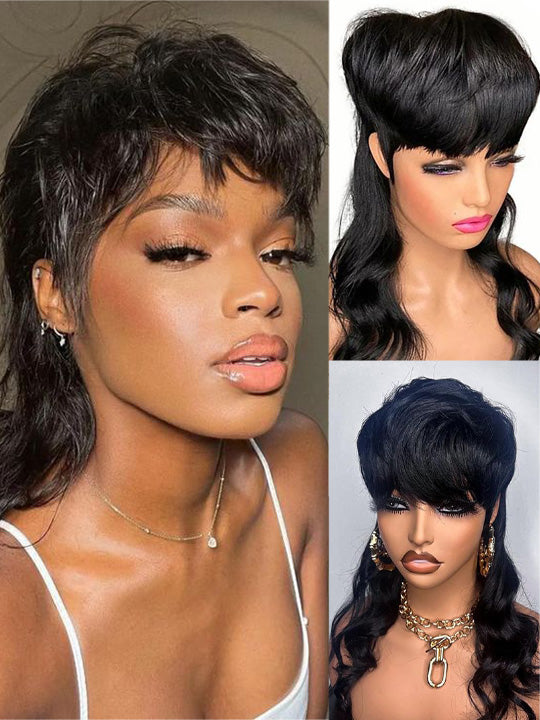 Mullet Haircut Machine Made Pixie Short Wig None Lace Glueless Human Hair Wig - KissLove Hair