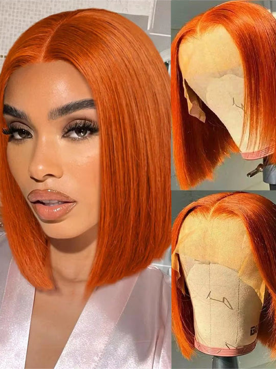 Ginger Color Short Bob Wig Pre Plucked 13x4 Lace Frontal Glueless Pull & Go Drawstring Wig