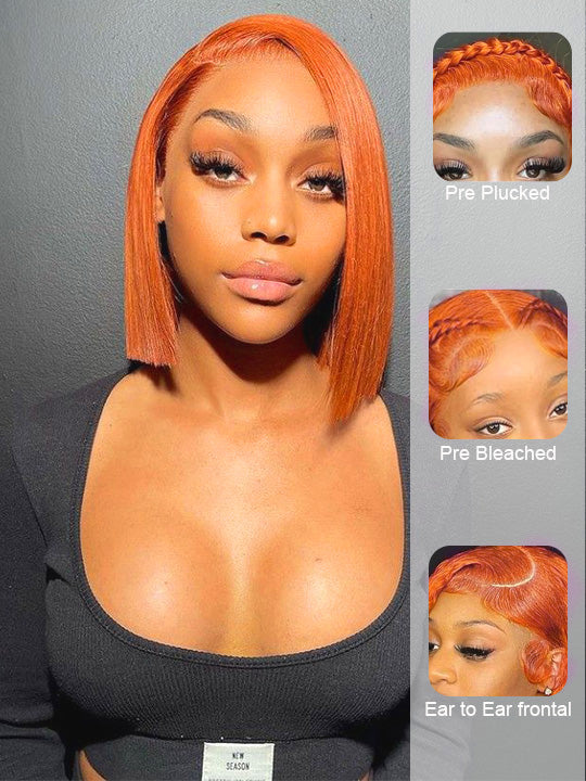 Ginger Color Short Bob Wig Pre Plucked 13x4 Lace Frontal Glueless Pull & Go Drawstring Wig