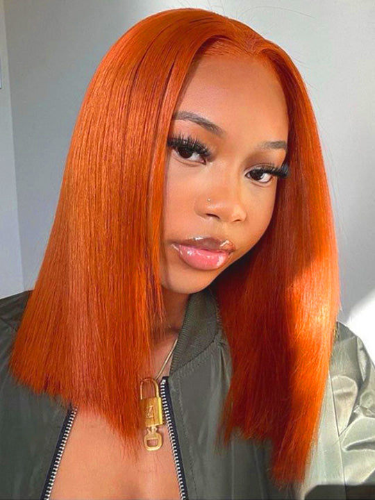 Ginger Color Short Bob Wig Pre Plucked 13x4 Lace Frontal Glueless Pull & Go Drawstring Wig