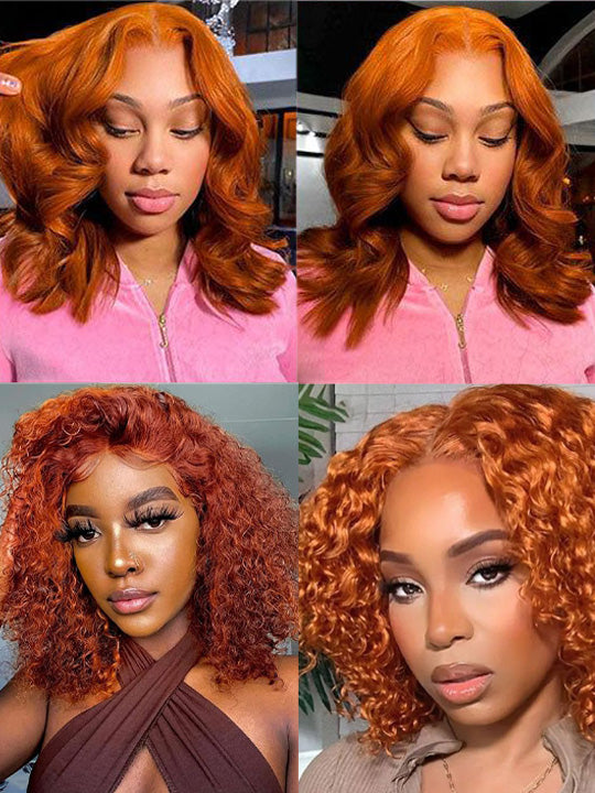 Ginger Color Short Bob Wig Pre Plucked 13x4 Lace Frontal Glueless Pull & Go Drawstring Wig