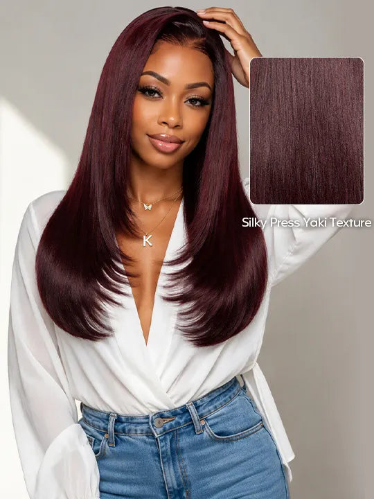 Ombre Black Cherry Color Light Yaki Straight 7x5 Lace Frontal Wig Pre Layered Glueless Lace Wig