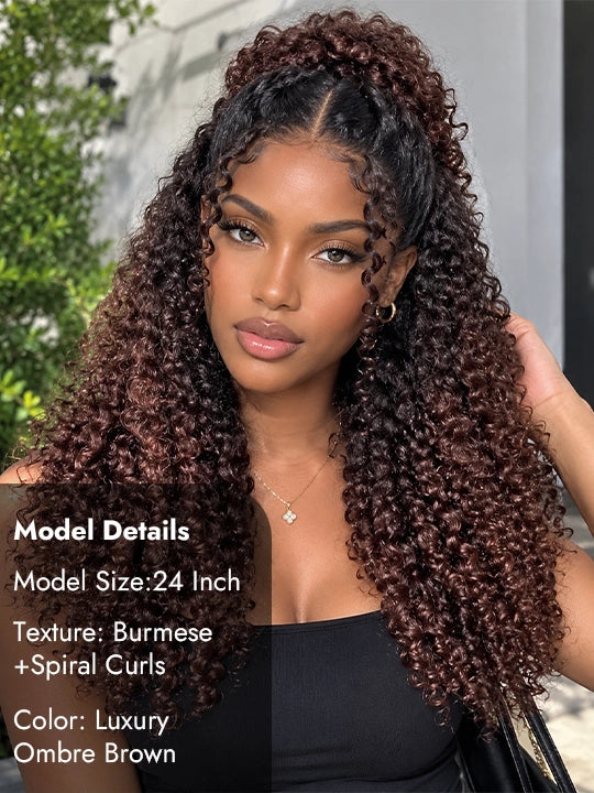 250% Density Ombre Dark Chestnut Brown Burmese Curly with Spiral Ends 7x5 Lace Wig Glueless Bouncy Curly Wigs