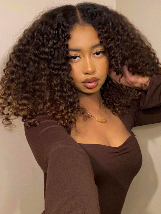 Ombre Black to Chestnut Brown Burmese Curly With Finger Coil Ends Wig Pull Go Invisi Drawstring Wig