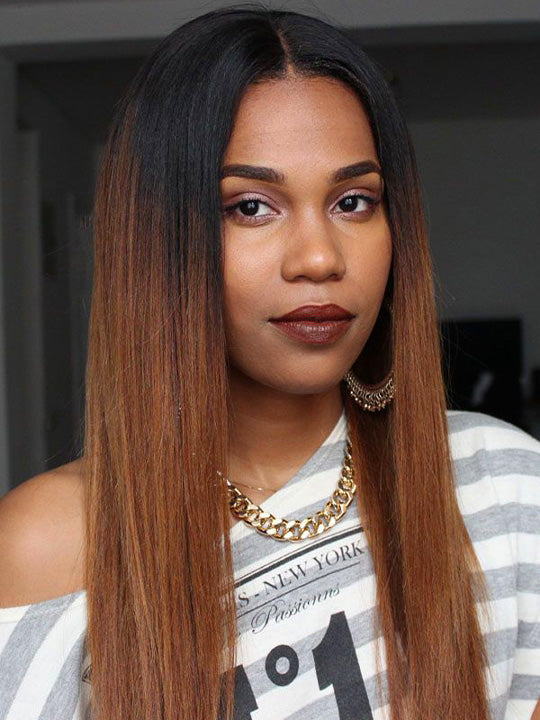 Ombre Brown Hair With Black Roots 5x5 13x4 13x6 Lace Wigs Straight Human Hair Wigs - KissLove Hair