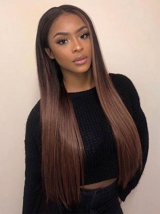 Ombre Brown  Silky Straight Hair Full Lace Wig Fake Scalp Colored Lace Frontal Wig - KissLove Hair