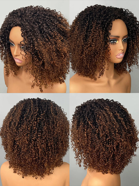 [3 In 1 Half Wig] Ombre Kinky Curly Hair Afforadble Invisi-drawstring Glueless Flip Over Wig