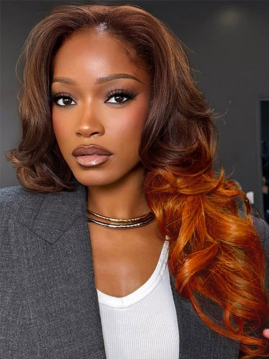 Kisslove Hair Pre Everything Ombre Rich Brown To Ginger Color 3D Body Wave Glueless Lace Frontal Wig