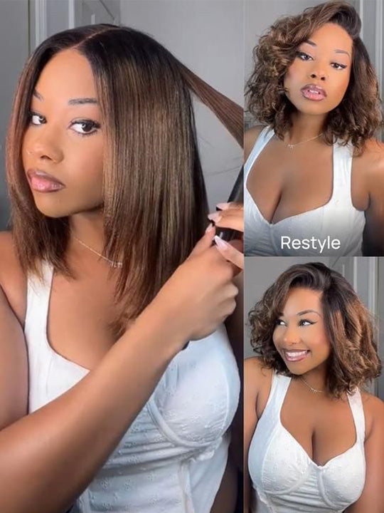 Ombre Mocha Brown Yaki Straight Bob Wig Pre Cut Pre Bleached Glueless Ready To Wear Wig