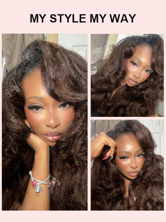 [3 In 1 Half Wig] Flip Over Half Wig Ombre Brown Yaki Straight Human Hair Wigs