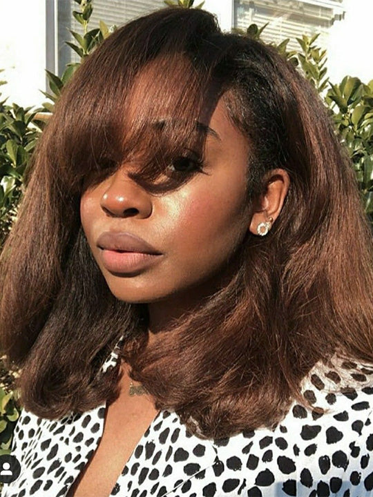 [3 In 1 Half Wig] Flip Over Half Wig Ombre Brown Yaki Straight Human Hair Wigs
