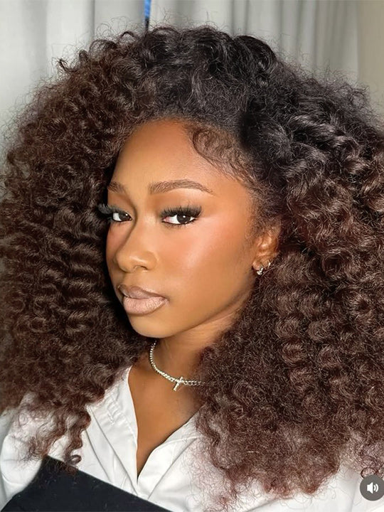 [3 In 1 Half Wig] Flip Over Half Wig Ombre Brown Yaki Straight Human Hair Wigs