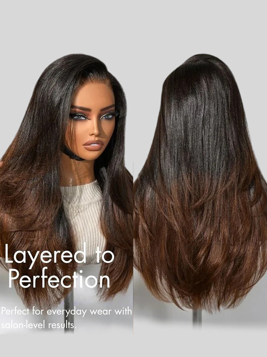 Ombre Black To Brown Layered Light Yaki Straight Wig 4x4/6x4.5/13x4 Pre Max Pull Go Drawstring Wig
