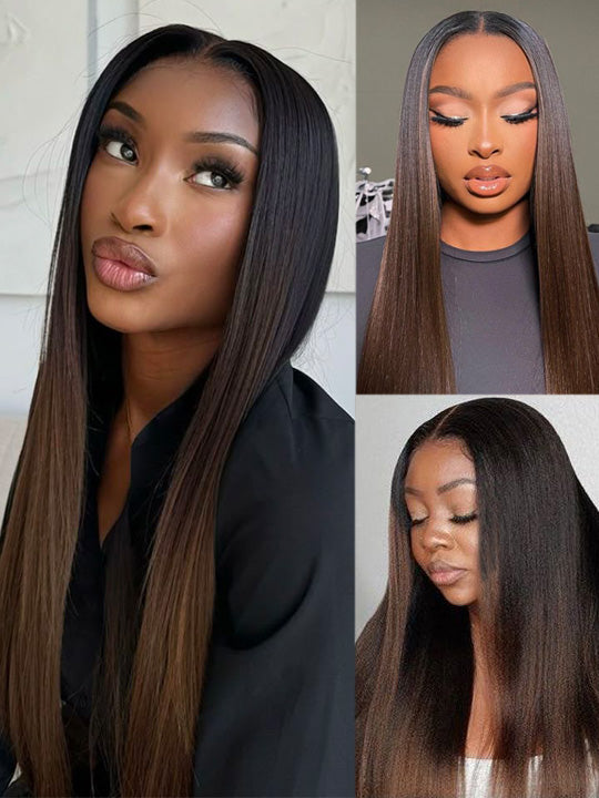 Ombre Black To Brown Layered Light Yaki Straight Wig 4x4/6x4.5/13x4 Pre Max Pull Go Drawstring Wig