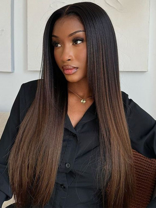 Ombre Black To Brown Layered Light Yaki Straight Wig 4x4/6x4.5/13x4 Pre Max Pull Go Drawstring Wig