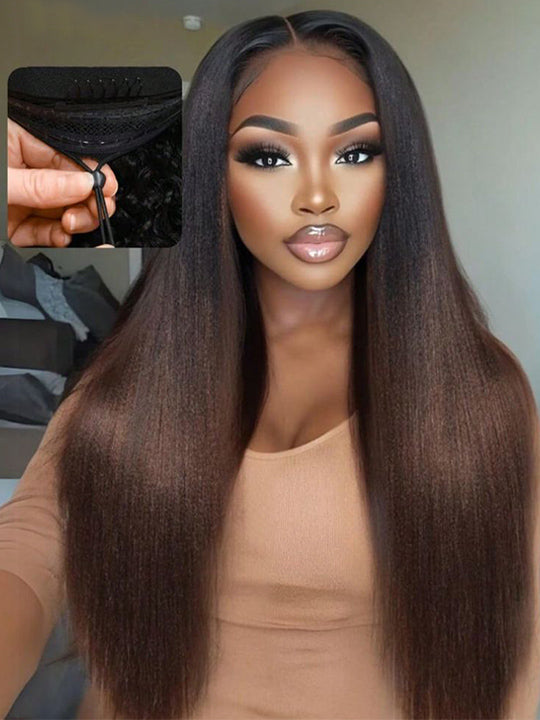 Ombre Black To Brown Layered Light Yaki Straight Wig 4x4/6x4.5/13x4 Pre Max Pull Go Drawstring Wig