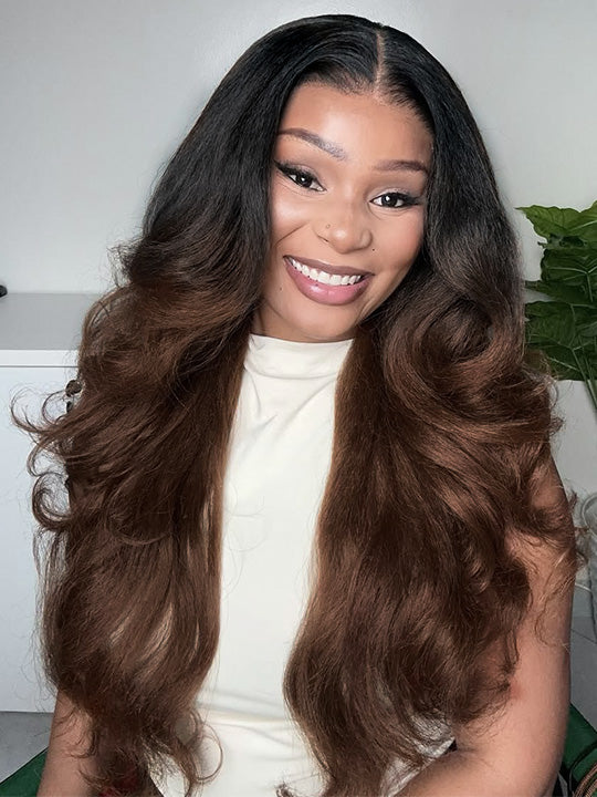 Ombre Black To Brown Light Yaki Straight Wig 4x4/6x4.5/13x4 Pre Max Pull Go Drawstring Wig