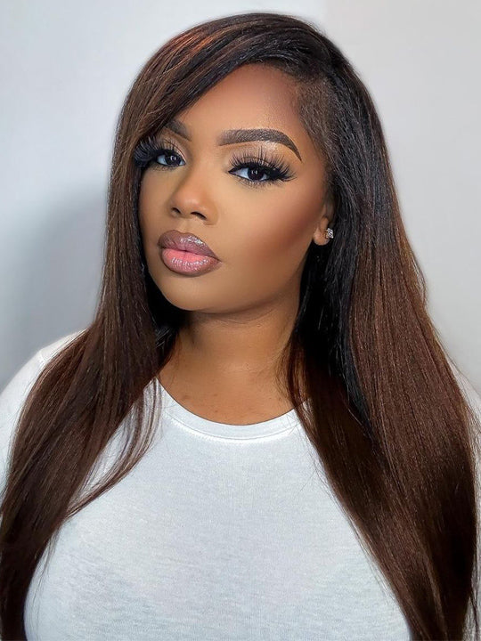 Kisslove Ombre Brown Yaki Straight Body Wave 360 Invisi-Drawstring Lace Human Hair Wigs