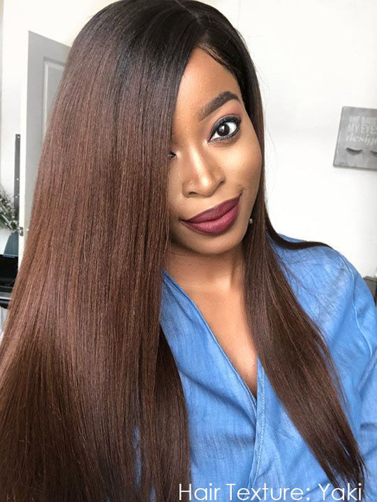 Kisslove Ombre Brown Yaki Straight Body Wave 360 Invisi-Drawstring Lace Human Hair Wigs