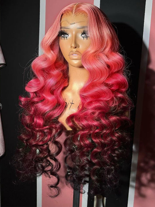 Ombre Pink Color Wig Three Tone 3D Body Wave 13x4 Lace Frontal Human Hair Wigs - KissLove Hair