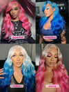 BOGO Ombre Color Pink/Blue 13x4 Lace Front Wig Pre Bleached Colored Human Hair Wigs