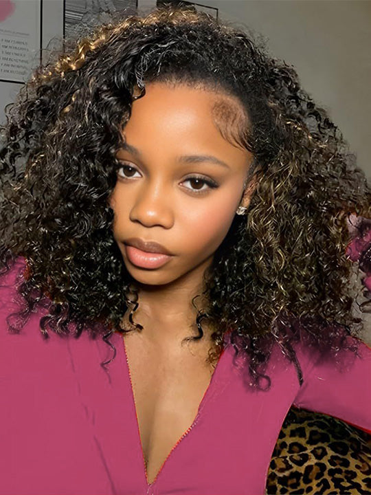 [3 In 1 Half Wig] Honey Blonde Highlights on Black Hair Kinky Curly Flip Over Glueless Half Wig