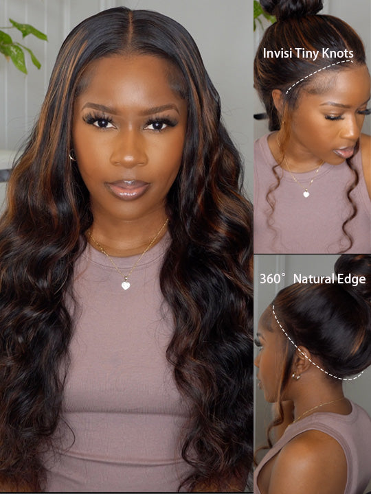 Kisslove Pre-Bleached Snug Fit 360 Lace Wig Glueless Black Hair With Brown Highlights
