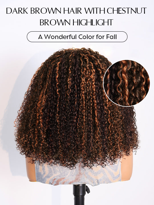 [3 In 1 Half Wig] Chestnut Brown Highlights on Chocolate Brown Hair Kinky Curly Flip Over Glueless Half Wig
