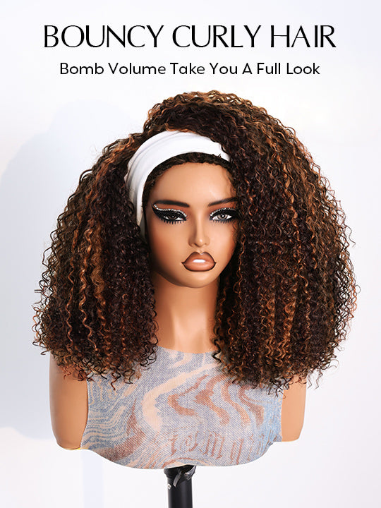 [3 In 1 Half Wig] Chestnut Brown Highlights on Chocolate Brown Hair Kinky Curly Flip Over Glueless Half Wig