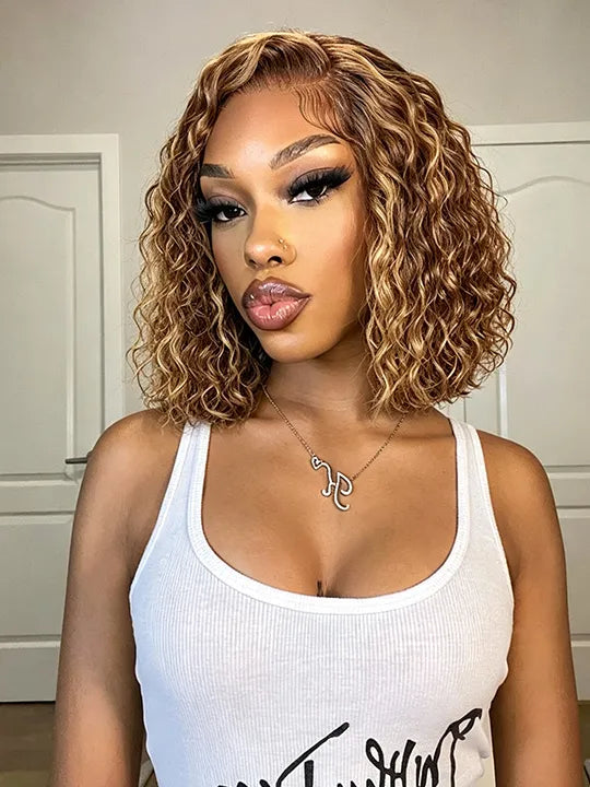Honey Blonde Highlights Water Wave Bob Wig Pull & Go Pre Styled 7x5 Lace Front Short Bob Wigs