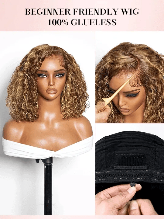 Honey Blonde Highlights Water Wave Bob Wig Pull & Go Pre Styled 7x5 Lace Front Short Bob Wigs - KissLove Hair