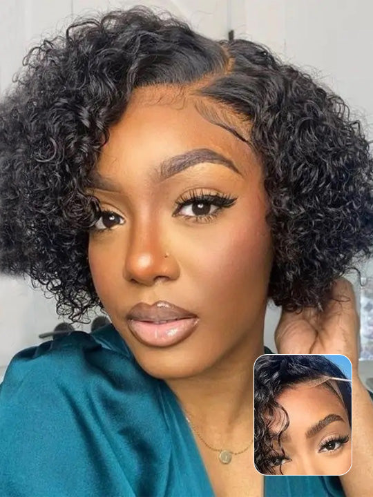 Pre Styled Pixie Curly Hair 4x4 Glueless Short Cut Side Part Lace Wig 100% Human Hair
