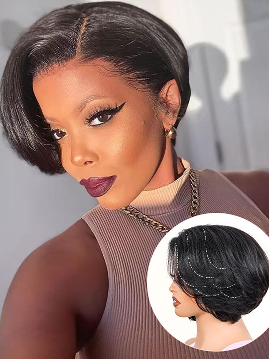 Pre Layered Yaki Straight Pixie Cut Bob Wig 6x4.5 Glueless Honey Blonde Highlight Short Bob Wigs